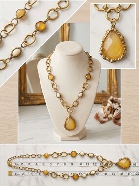 Vintage Artisan Hammered Gold Citrine Resin Teardrop Statement Necklace